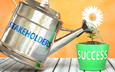 Tilted metal plant watering can with spout with the word stakeholders written on it.